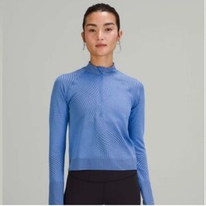 Lululemon Rest Less Cropped Half-Zip Top Jacket Thumbholes Grid Blue